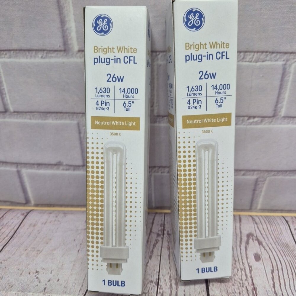 GE‎ Neutral White 26 watt 4 Pin Light Bulb, CFL G24q-3, 6.5"~Lot Of 2